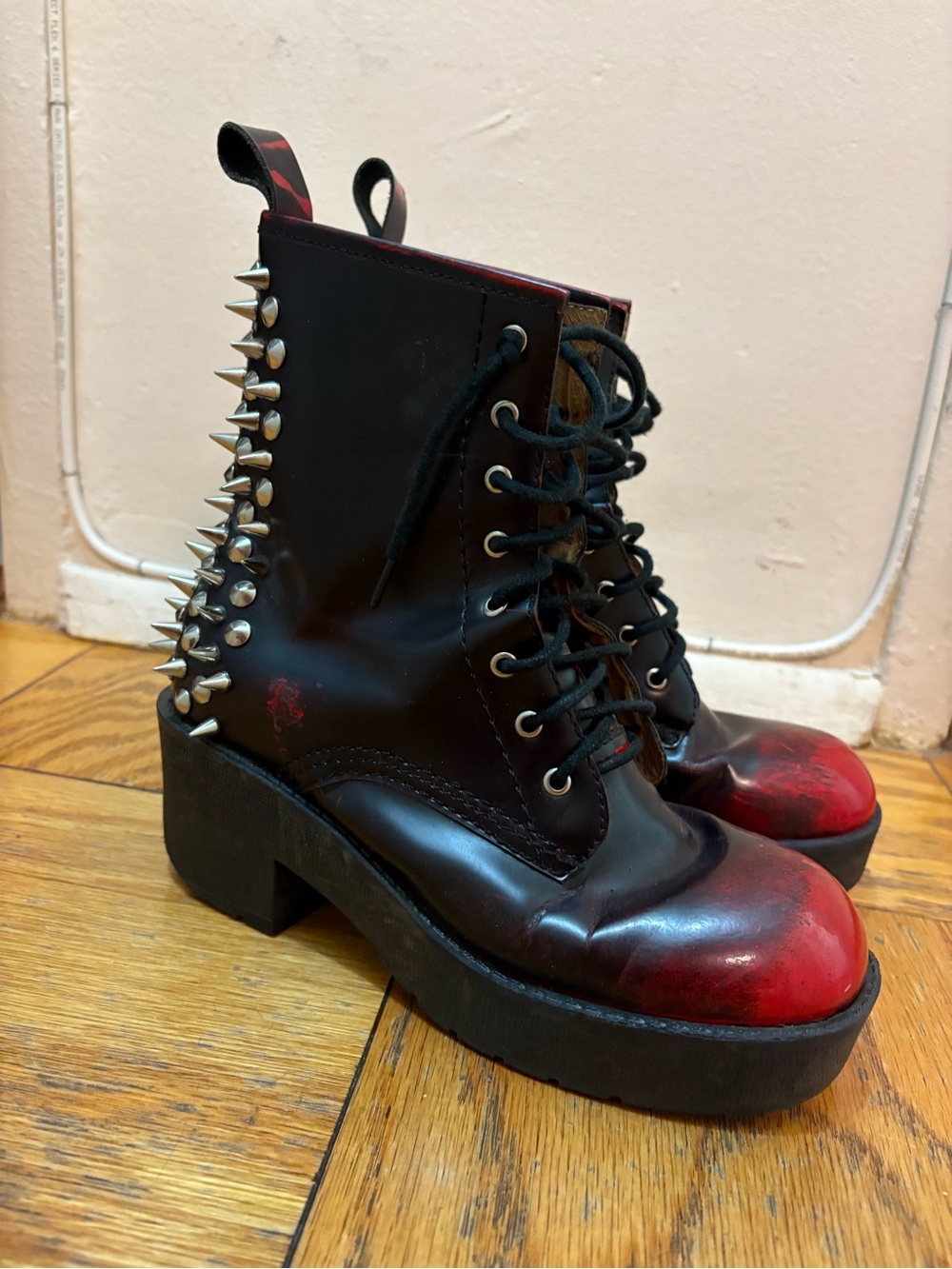 VINTAGE JEFFREY CAMPBELL 2013 Black & Red Platform Lace-Up Boots with Spikes